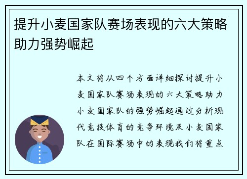 提升小麦国家队赛场表现的六大策略助力强势崛起